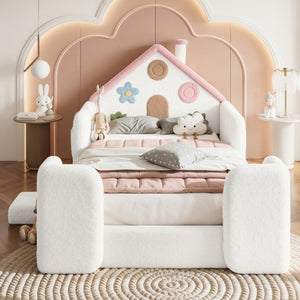 English Elm Queen Over Pine Wood Bunk Bed with Trundle Storage Shelf Converts to Two Platform Beds White+Pink 81.89 L x 43.11 W x 37.6 H Teddy W5305S00262