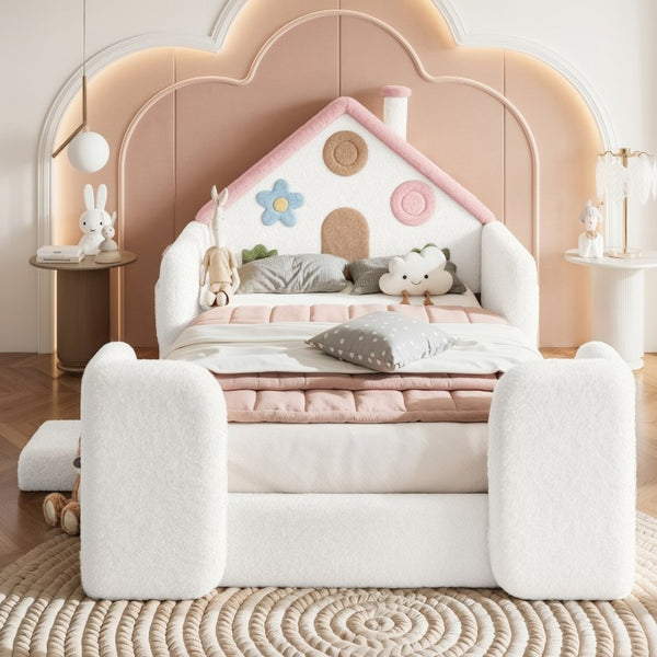 English Elm Queen Over Pine Wood Bunk Bed with Trundle Storage Shelf Converts to Two Platform Beds White+Pink 81.89 L x 43.11 W x 37.6 H Teddy W5305S00262