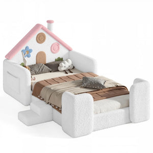English Elm Queen Over Pine Wood Bunk Bed with Trundle Storage Shelf Converts to Two Platform Beds White+Pink 81.89 L x 43.11 W x 37.6 H Teddy W5305S00262