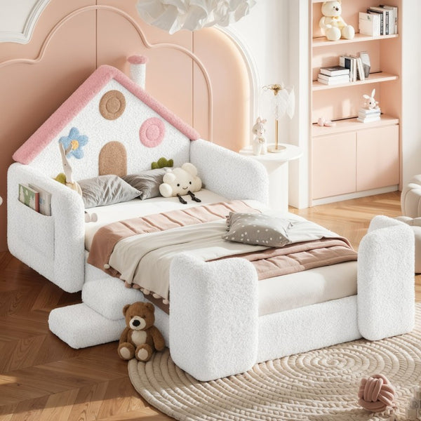 English Elm Queen Over Pine Wood Bunk Bed with Trundle Storage Shelf Converts to Two Platform Beds White+Pink 81.89 L x 43.11 W x 37.6 H Teddy W5305S00262