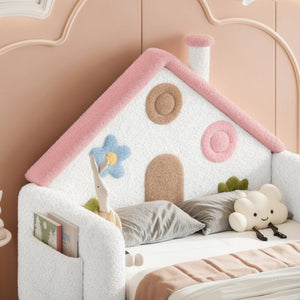 English Elm Queen Over Pine Wood Bunk Bed with Trundle Storage Shelf Converts to Two Platform Beds White+Pink 81.89 L x 43.11 W x 37.6 H Teddy W5305S00262