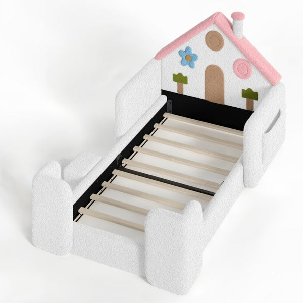 English Elm Queen Over Pine Wood Bunk Bed with Trundle Storage Shelf Converts to Two Platform Beds White+Pink 81.89 L x 43.11 W x 37.6 H Teddy W5305S00262