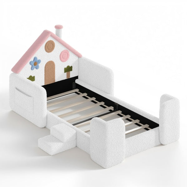 English Elm Queen Over Pine Wood Bunk Bed with Trundle Storage Shelf Converts to Two Platform Beds White+Pink 81.89 L x 43.11 W x 37.6 H Teddy W5305S00262