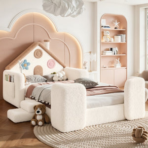 English Elm Twin Bunk Bed Playhouse with Pine Frame Stair Storage and Heart Window Shutters Twin Upholstered Floor Bed Beige+Natural W5305S00263