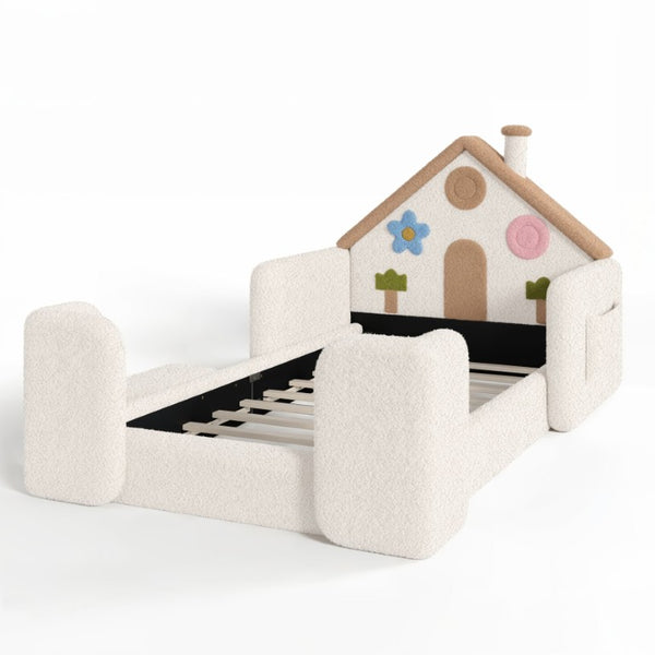 English Elm Twin Bunk Bed Playhouse with Pine Frame Stair Storage and Heart Window Shutters Twin Upholstered Floor Bed Beige+Natural W5305S00263