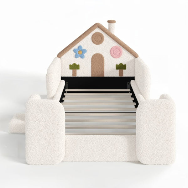 English Elm Twin Bunk Bed Playhouse with Pine Frame Stair Storage and Heart Window Shutters Twin Upholstered Floor Bed Beige+Natural W5305S00263