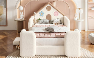 English Elm Twin Bunk Bed Playhouse with Pine Frame Stair Storage and Heart Window Shutters Twin Upholstered Floor Bed Beige+Natural W5305S00263