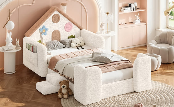 English Elm Twin Bunk Bed Playhouse with Pine Frame Stair Storage and Heart Window Shutters Twin Upholstered Floor Bed Beige+Natural W5305S00263