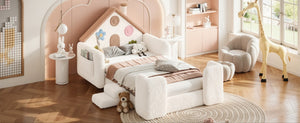English Elm Twin Bunk Bed Playhouse with Pine Frame Stair Storage and Heart Window Shutters Twin Upholstered Floor Bed Beige+Natural W5305S00263