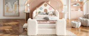 English Elm Twin Bunk Bed Playhouse with Pine Frame Stair Storage and Heart Window Shutters Twin Upholstered Floor Bed Beige+Natural W5305S00263