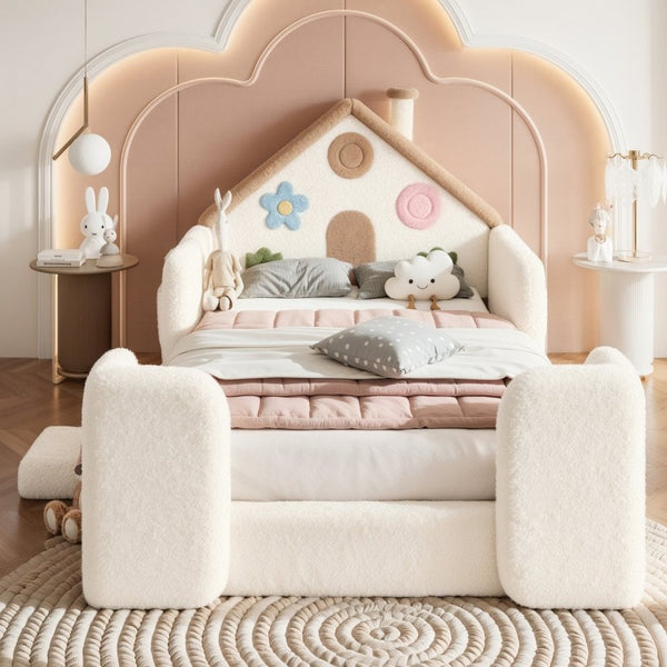 English Elm Twin Bunk Bed Playhouse with Pine Frame Stair Storage and Heart Window Shutters Twin Upholstered Floor Bed Beige+Natural W5305S00263