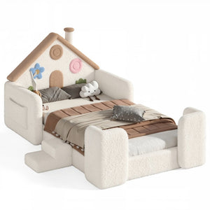 English Elm Twin Bunk Bed Playhouse with Pine Frame Stair Storage and Heart Window Shutters Twin Upholstered Floor Bed Beige+Natural W5305S00263