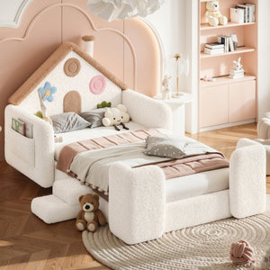 English Elm Twin Bunk Bed Playhouse with Pine Frame Stair Storage and Heart Window Shutters Twin Upholstered Floor Bed Beige+Natural W5305S00263