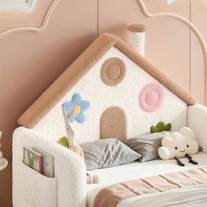 English Elm Twin Bunk Bed Playhouse with Pine Frame Stair Storage and Heart Window Shutters Twin Upholstered Floor Bed Beige+Natural W5305S00263