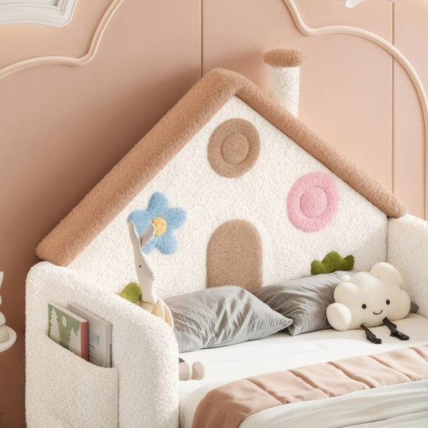 English Elm Twin Bunk Bed Playhouse with Pine Frame Stair Storage and Heart Window Shutters Twin Upholstered Floor Bed Beige+Natural W5305S00263