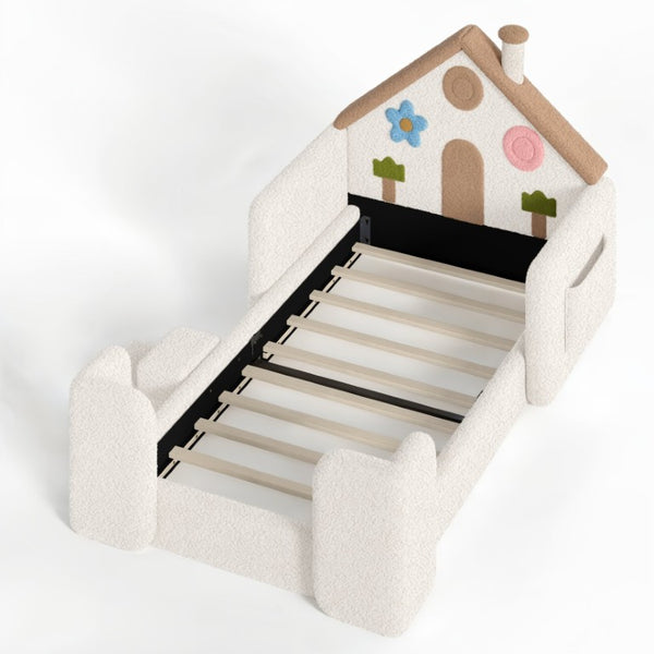 English Elm Twin Bunk Bed Playhouse with Pine Frame Stair Storage and Heart Window Shutters Twin Upholstered Floor Bed Beige+Natural W5305S00263