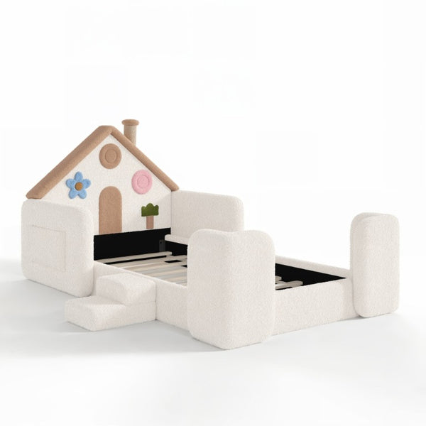 English Elm Twin Bunk Bed Playhouse with Pine Frame Stair Storage and Heart Window Shutters Twin Upholstered Floor Bed Beige+Natural W5305S00263