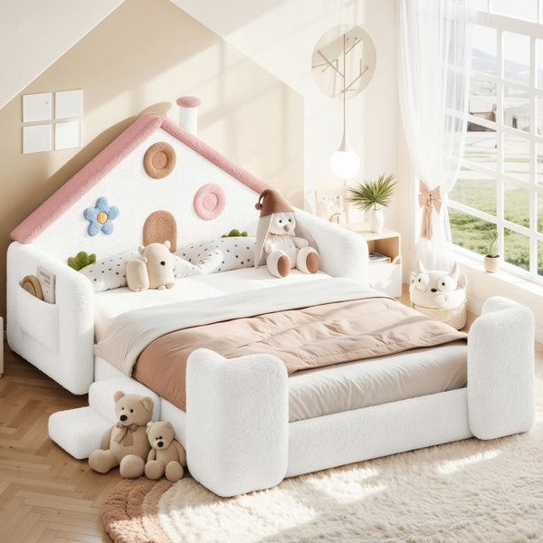 English Elm Twin Bunk Bed Playhouse with Pine Frame Stair Storage and Heart Window Shutters Full Upholstered Floor Bed White+Pink W5305S00264