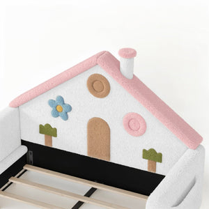 English Elm Twin Bunk Bed Playhouse with Pine Frame Stair Storage and Heart Window Shutters Full Upholstered Floor Bed White+Pink W5305S00264