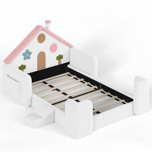 English Elm Twin Bunk Bed Playhouse with Pine Frame Stair Storage and Heart Window Shutters Full Upholstered Floor Bed White+Pink W5305S00264