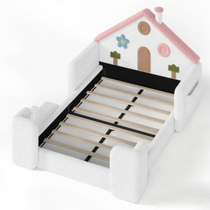English Elm Twin Bunk Bed Playhouse with Pine Frame Stair Storage and Heart Window Shutters Full Upholstered Floor Bed White+Pink W5305S00264