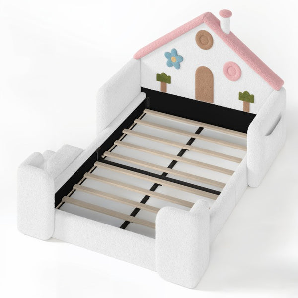 English Elm Twin Bunk Bed Playhouse with Pine Frame Stair Storage and Heart Window Shutters Full Upholstered Floor Bed White+Pink W5305S00264