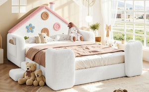 English Elm Twin Bunk Bed Playhouse with Pine Frame Stair Storage and Heart Window Shutters Full Upholstered Floor Bed White+Pink W5305S00264