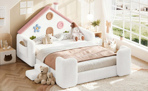 English Elm Twin Bunk Bed Playhouse with Pine Frame Stair Storage and Heart Window Shutters Full Upholstered Floor Bed White+Pink W5305S00264