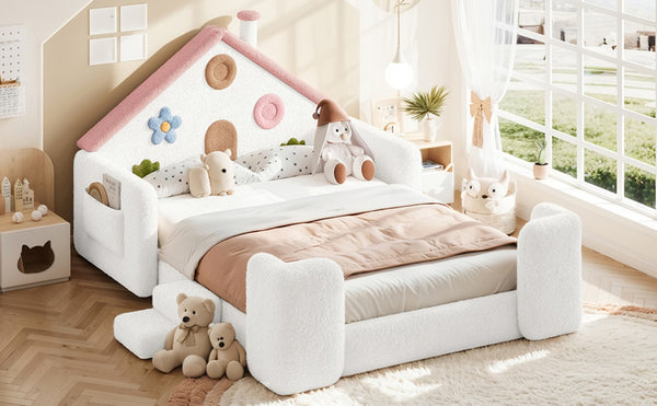 English Elm Twin Bunk Bed Playhouse with Pine Frame Stair Storage and Heart Window Shutters Full Upholstered Floor Bed White+Pink W5305S00264