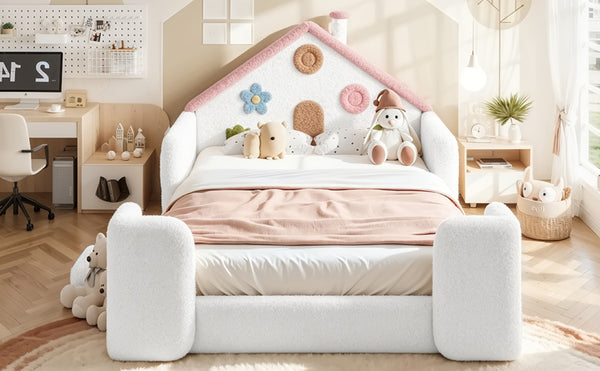 English Elm Twin Bunk Bed Playhouse with Pine Frame Stair Storage and Heart Window Shutters Full Upholstered Floor Bed White+Pink W5305S00264