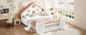 English Elm Twin Bunk Bed Playhouse with Pine Frame Stair Storage and Heart Window Shutters Full Upholstered Floor Bed White+Pink W5305S00264