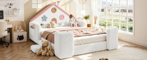 English Elm Twin Bunk Bed Playhouse with Pine Frame Stair Storage and Heart Window Shutters Full Upholstered Floor Bed White+Pink W5305S00264