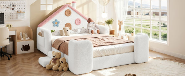 English Elm Twin Bunk Bed Playhouse with Pine Frame Stair Storage and Heart Window Shutters Full Upholstered Floor Bed White+Pink W5305S00264