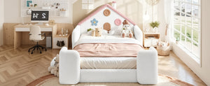 English Elm Twin Bunk Bed Playhouse with Pine Frame Stair Storage and Heart Window Shutters Full Upholstered Floor Bed White+Pink W5305S00264
