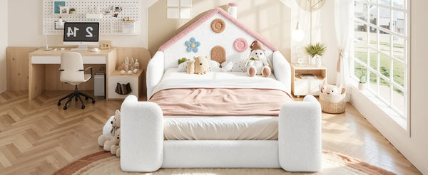 English Elm Twin Bunk Bed Playhouse with Pine Frame Stair Storage and Heart Window Shutters Full Upholstered Floor Bed White+Pink W5305S00264