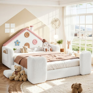 English Elm Twin Bunk Bed Playhouse with Pine Frame Stair Storage and Heart Window Shutters Full Upholstered Floor Bed White+Pink W5305S00264