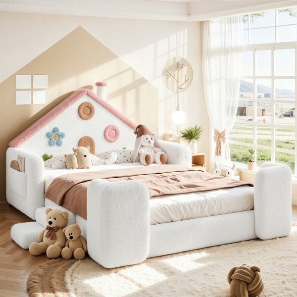 English Elm Twin Bunk Bed Playhouse with Pine Frame Stair Storage and Heart Window Shutters Full Upholstered Floor Bed White+Pink W5305S00264