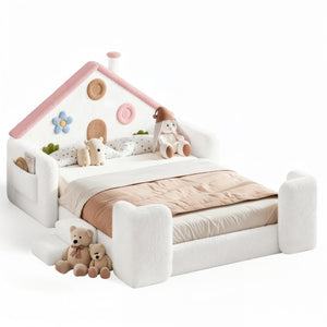 English Elm Twin Bunk Bed Playhouse with Pine Frame Stair Storage and Heart Window Shutters Full Upholstered Floor Bed White+Pink W5305S00264