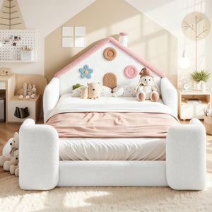 English Elm Twin Bunk Bed Playhouse with Pine Frame Stair Storage and Heart Window Shutters Full Upholstered Floor Bed White+Pink W5305S00264