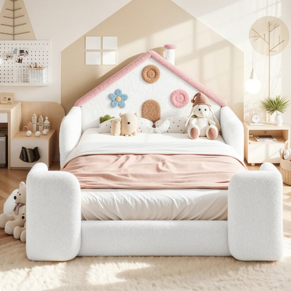 English Elm Twin Bunk Bed Playhouse with Pine Frame Stair Storage and Heart Window Shutters Full Upholstered Floor Bed White+Pink W5305S00264