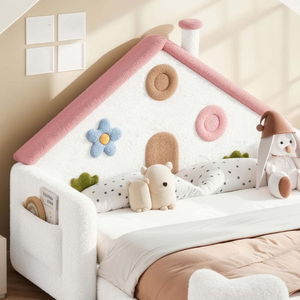 English Elm Twin Bunk Bed Playhouse with Pine Frame Stair Storage and Heart Window Shutters Full Upholstered Floor Bed White+Pink W5305S00264