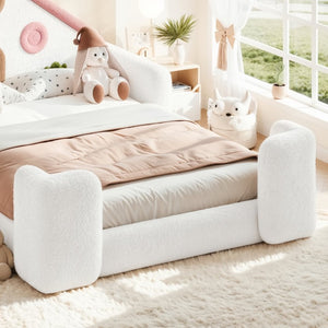 English Elm Twin Bunk Bed Playhouse with Pine Frame Stair Storage and Heart Window Shutters Full Upholstered Floor Bed White+Pink W5305S00264
