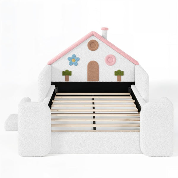 English Elm Twin Bunk Bed Playhouse with Pine Frame Stair Storage and Heart Window Shutters Full Upholstered Floor Bed White+Pink W5305S00264