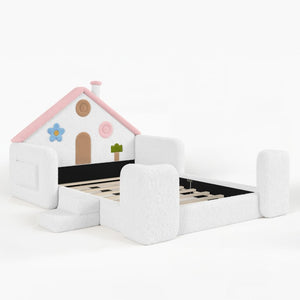 English Elm Twin Bunk Bed Playhouse with Pine Frame Stair Storage and Heart Window Shutters Full Upholstered Floor Bed White+Pink W5305S00264