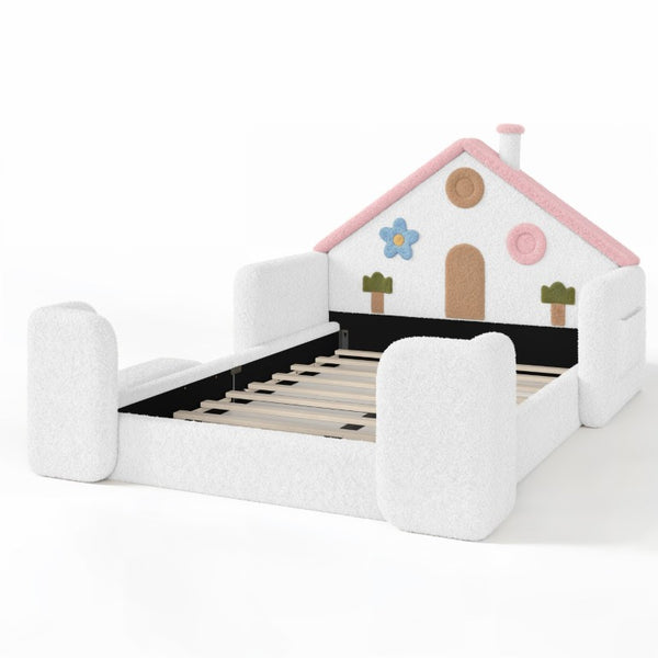 English Elm Twin Bunk Bed Playhouse with Pine Frame Stair Storage and Heart Window Shutters Full Upholstered Floor Bed White+Pink W5305S00264