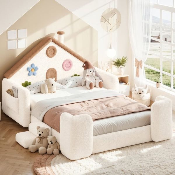 English Elm Full Size House Shaped Kids Floor Bed with Teddy Fleece and Embroidered Headboard Detail Beige + Natural Teddy 81.89 x 57.87 x 37.6 W5305S00265