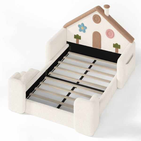 English Elm Full Size House Shaped Kids Floor Bed with Teddy Fleece and Embroidered Headboard Detail Beige + Natural Teddy 81.89 x 57.87 x 37.6 W5305S00265