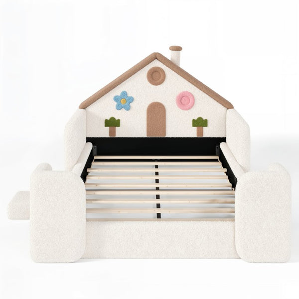 English Elm Full Size House Shaped Kids Floor Bed with Teddy Fleece and Embroidered Headboard Detail Beige + Natural Teddy 81.89 x 57.87 x 37.6 W5305S00265