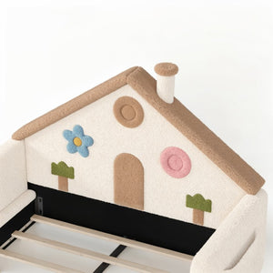 English Elm Full Size House Shaped Kids Floor Bed with Teddy Fleece and Embroidered Headboard Detail Beige + Natural Teddy 81.89 x 57.87 x 37.6 W5305S00265