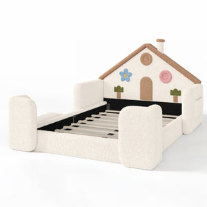 English Elm Full Size House Shaped Kids Floor Bed with Teddy Fleece and Embroidered Headboard Detail Beige + Natural Teddy 81.89 x 57.87 x 37.6 W5305S00265